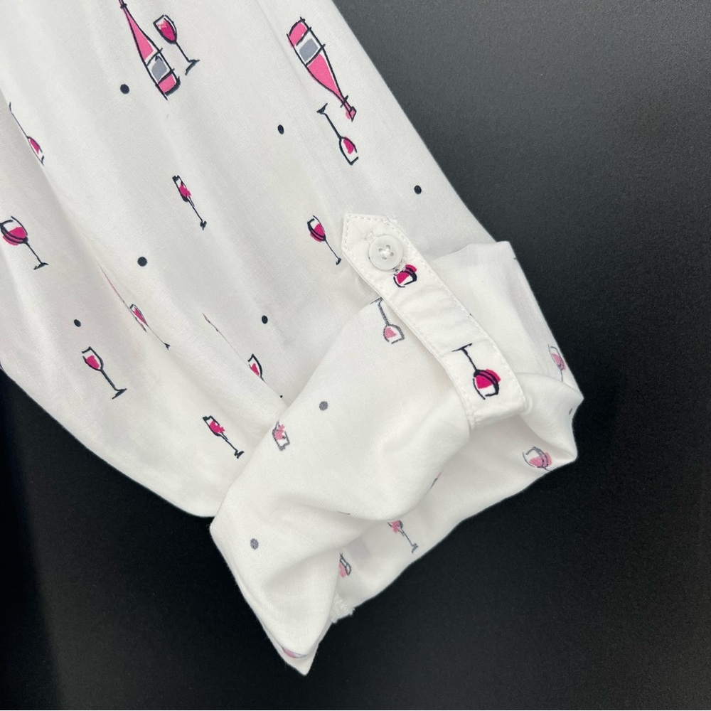 Beach Lunch Lounge Womens Top Wine Theme Print Long Roll Tab Sleeve Button Up - Picture 8 of 14